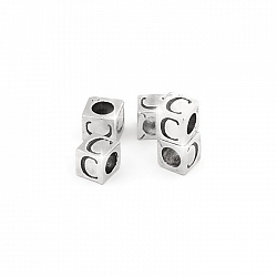 Alphabet Letter Beads 'C' Silver Metal Cube Charm 7mm PK5