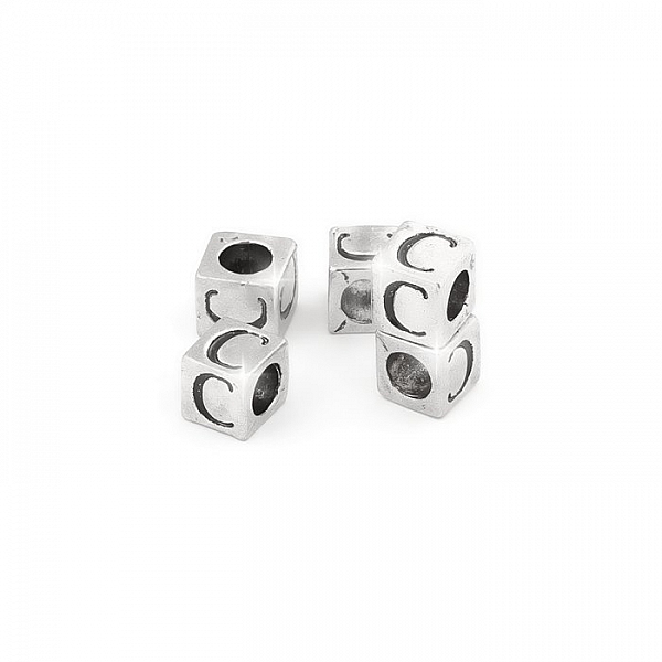 Alphabet Letter Beads 'C' Silver Metal Cube Charm 7mm PK5