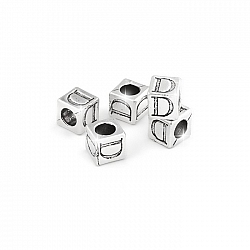 Alphabet Letter Beads 'D' Silver Metal Cube Charm 7mm PK5