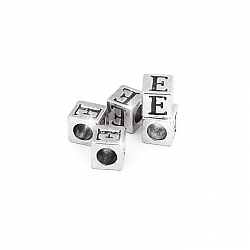 Alphabet Letter Beads 'E' Silver Metal Cube Charm 7mm PK5