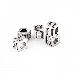 Alphabet Letter Beads 'H' Silver Metal Cube Charm 7mm PK5