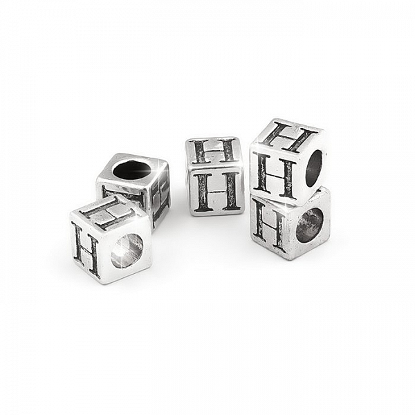Alphabet Letter Beads 'H' Silver Metal Cube Charm 7mm PK5