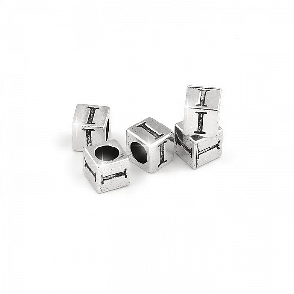 Alphabet Letter Beads 'I' Silver Metal Cube Charm 7mm PK5