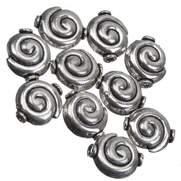 Antique Silver Snail Shell Swirl Round Beads 15mm PK10