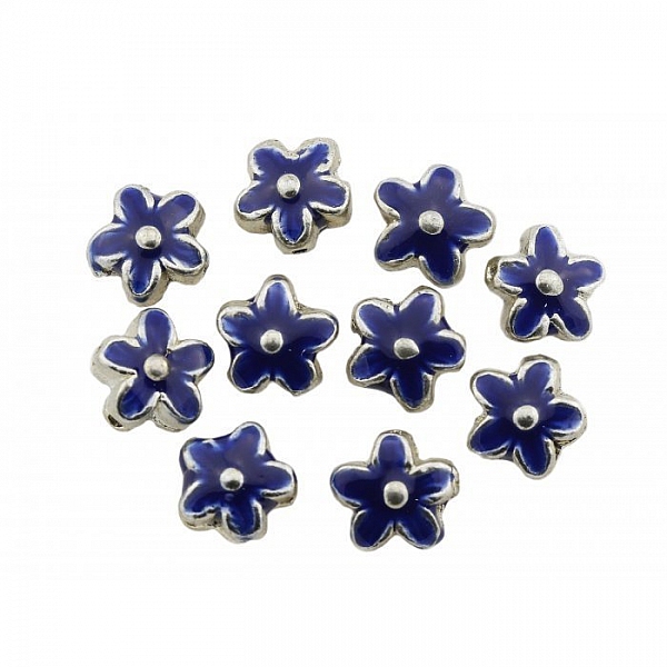 Enamelled Blue Silver Metal Flower Beads 15mm PK10