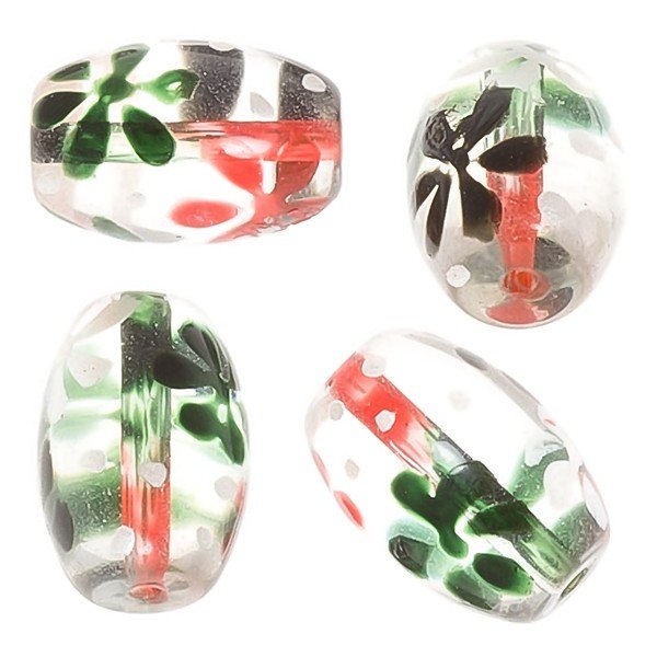 Red And Black Flower Clear Oval Glass Beads 18mm PK4