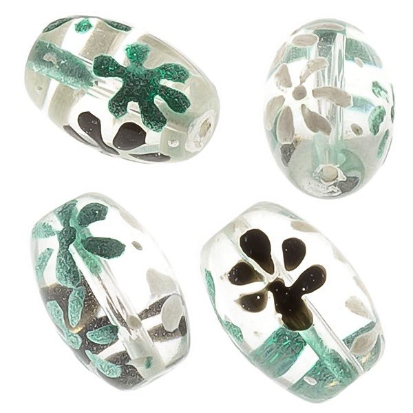 Green And Black Floral Clear Oval Glass Bead 18mm PK4