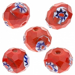 Red Faceted Rondelle Millefiori Glass Beads 10mm PK5