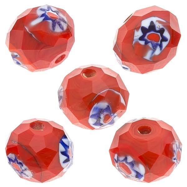 Red Faceted Rondelle Millefiori Glass Beads 10mm PK5