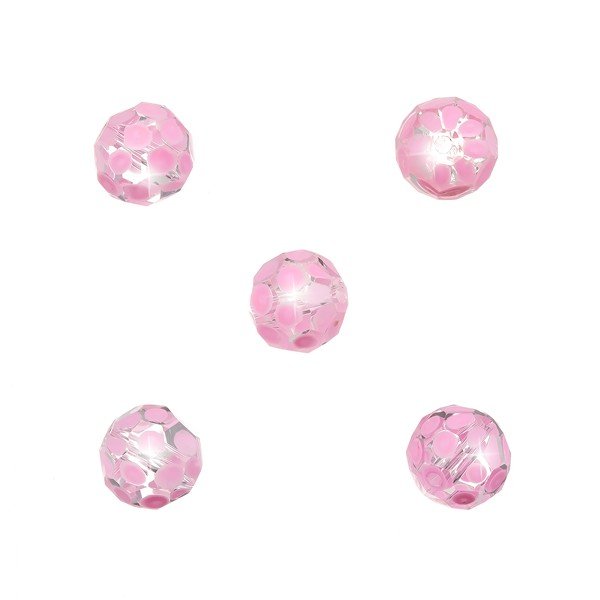Clear Round Faceted Pink Spotted 10mm Glass Beads PK5
