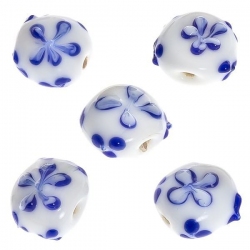 Blue And White Floral Flat Round Glass Bead 16x9mm PK5
