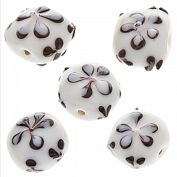 Black Flower Design Puff Square Glass Beads 16x9mm PK5