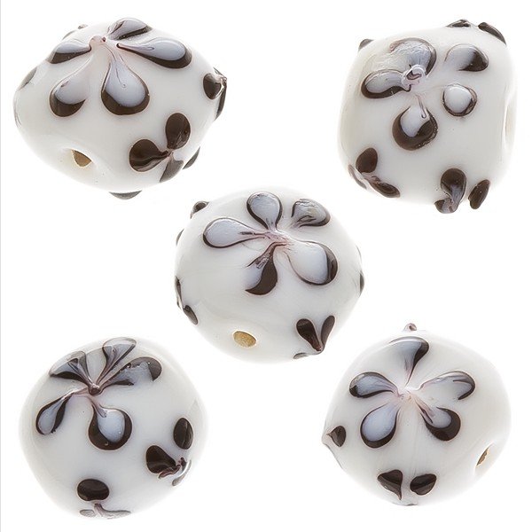 Black Flower Design Puff Square Glass Beads 16x9mm PK5