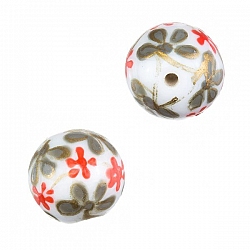 Hand Painted Round Glass Beads (Red Flower Design) 14mm