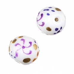 Hand Painted Round Glass Bead With Purple/Orange Flowers 14mm PK2