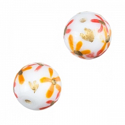 Hand Painted Round Glass Beads Orange/Red Flowers PK2