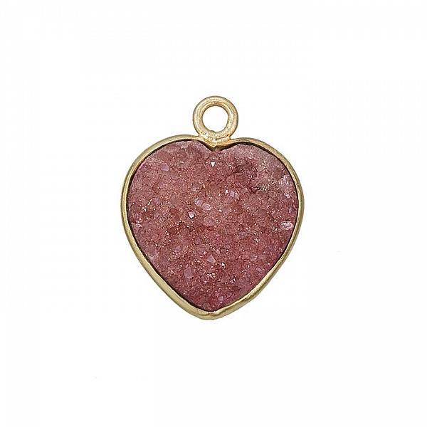 Gold Plated Druzy Quartz Heart Pendant Pink 16mm - PK1