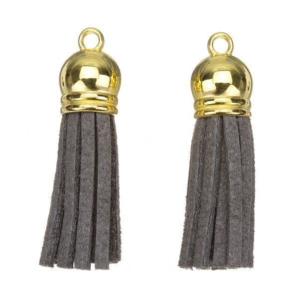 Suede Tassel Charms with Gold Cap Dark Grey 36mm PK2