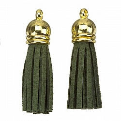 Suede Tassel Charms with Gold Cap Dark Green 36mm PK2
