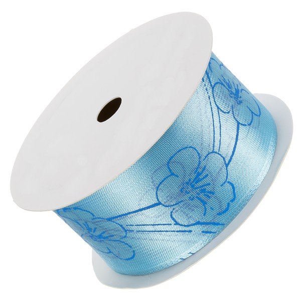 40mm Light Blue Flowered Woven Edge Ribbon 3 Metre Reel 
