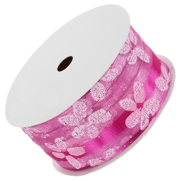 40mm Pink Flower Print Wired Sheer Ribbon 3 Metre Reel