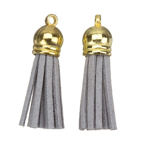 Suede Tassel Charms with Gold Cap Grey 36mm PK2