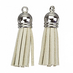 Suede Tassel Charms with Silver Cap Beige 36mm PK2
