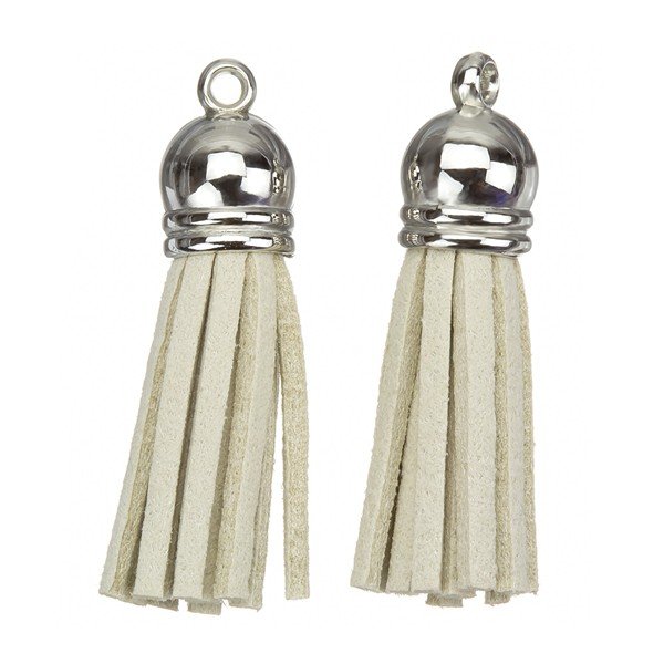 Suede Tassel Charms with Silver Cap Beige 36mm PK2