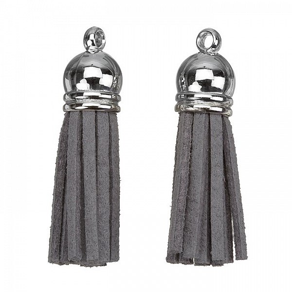 Suede Tassel Charms with Silver Cap Grey 36mm PK2