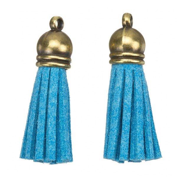 Suede Tassel Charms with Bronze Cap Light Blue 36mm PK2