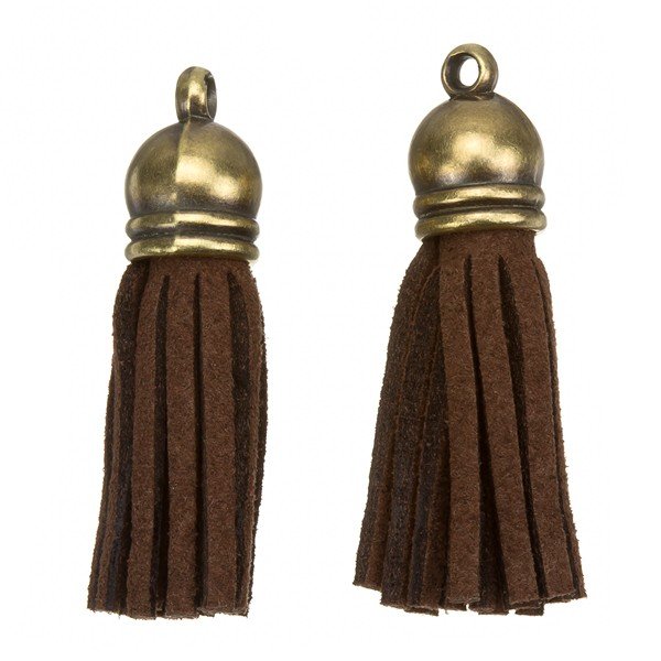 Suede Tassel Charms with Bronze Cap Brown 36mm PK2