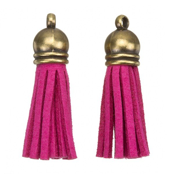 Suede Tassel Charms with Bronze Cap Dark Pink 36mm PK2