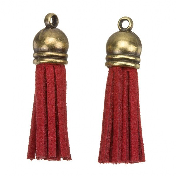 Suede Tassel Charms with Bronze Cap Red 36mm PK2