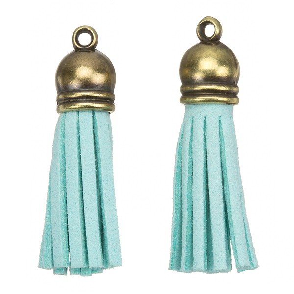 Suede Tassel Charms with Bronze Cap Turquoise 36mm PK2