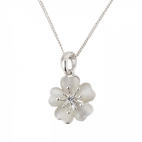 Cats Eye Blossom Pendant White Gold Plated Necklace 29mm