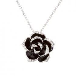 18K Platinum Plated Black Enamel Flower Pendant Necklace