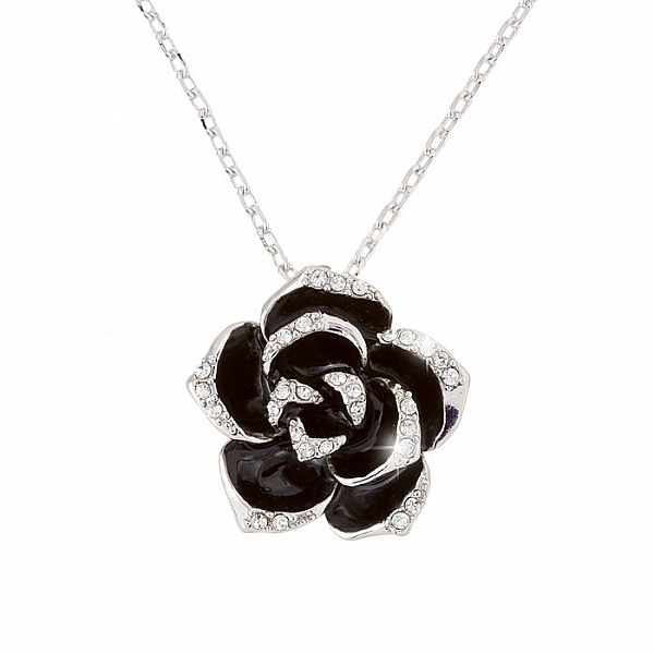 18K Platinum Plated Black Enamel Flower Pendant Necklace