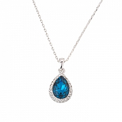 White Gold Plated Teardrop Pendant Blue Zircon Necklace 