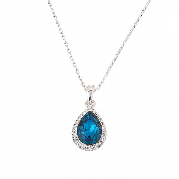 White Gold Plated Teardrop Pendant Blue Zircon Necklace 