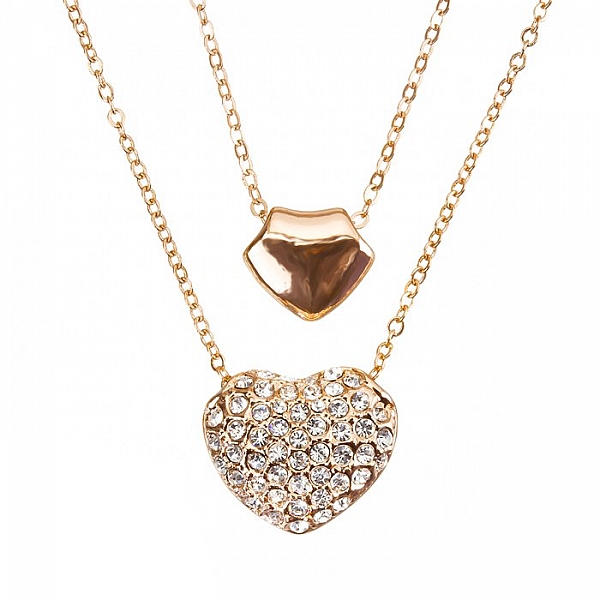 Double Puffed Heart Pendant Necklace Rose Gold Plated