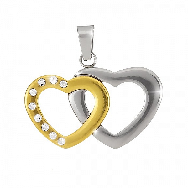 Stainless Steel Double Heart Pendant Gold & Silver 30mm