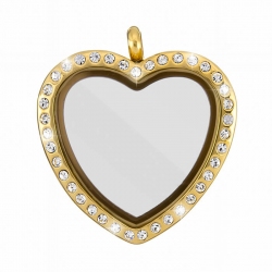 Stainless Steel Locket Magnetic Rhinestone Heart Golden