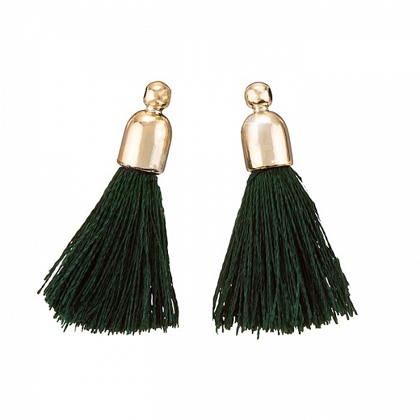Dark Green Cotton Tassel Charms & Gold Plated Cap PK2