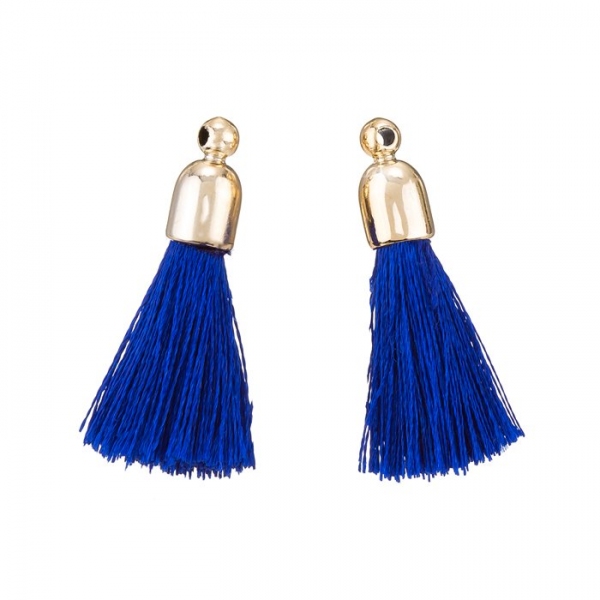 Cotton Tassel Charms & Gold Plated Caps 32mm (Blue) PK2