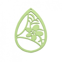 Green Carved Wood Flower Teardrop Pendant 38x52mm PK1