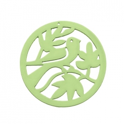 Round Green Carved Wood Bird in Tree Pendant 50mm PK1