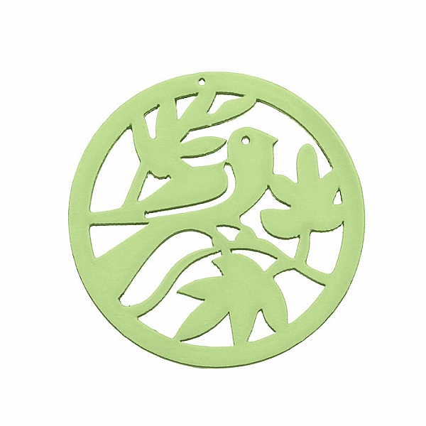 Round Green Carved Wood Bird in Tree Pendant 50mm PK1