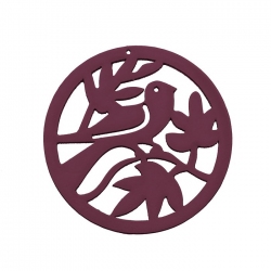 Round Maroon Carved Wood Bird in Tree Pendant 50mm PK1