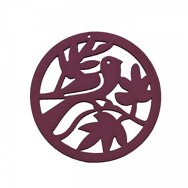 Round Maroon Carved Wood Bird in Tree Pendant 50mm PK1