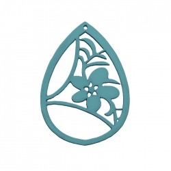 Carved Wood Flower Teardrop Pendant Teal 38x52mm (PK1)